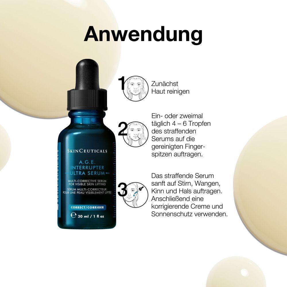 Anwendung des SKINCEUTICALS A.G.E. Interrupter Ultra Serum. Schritte 1-3 mit Illustrationen.