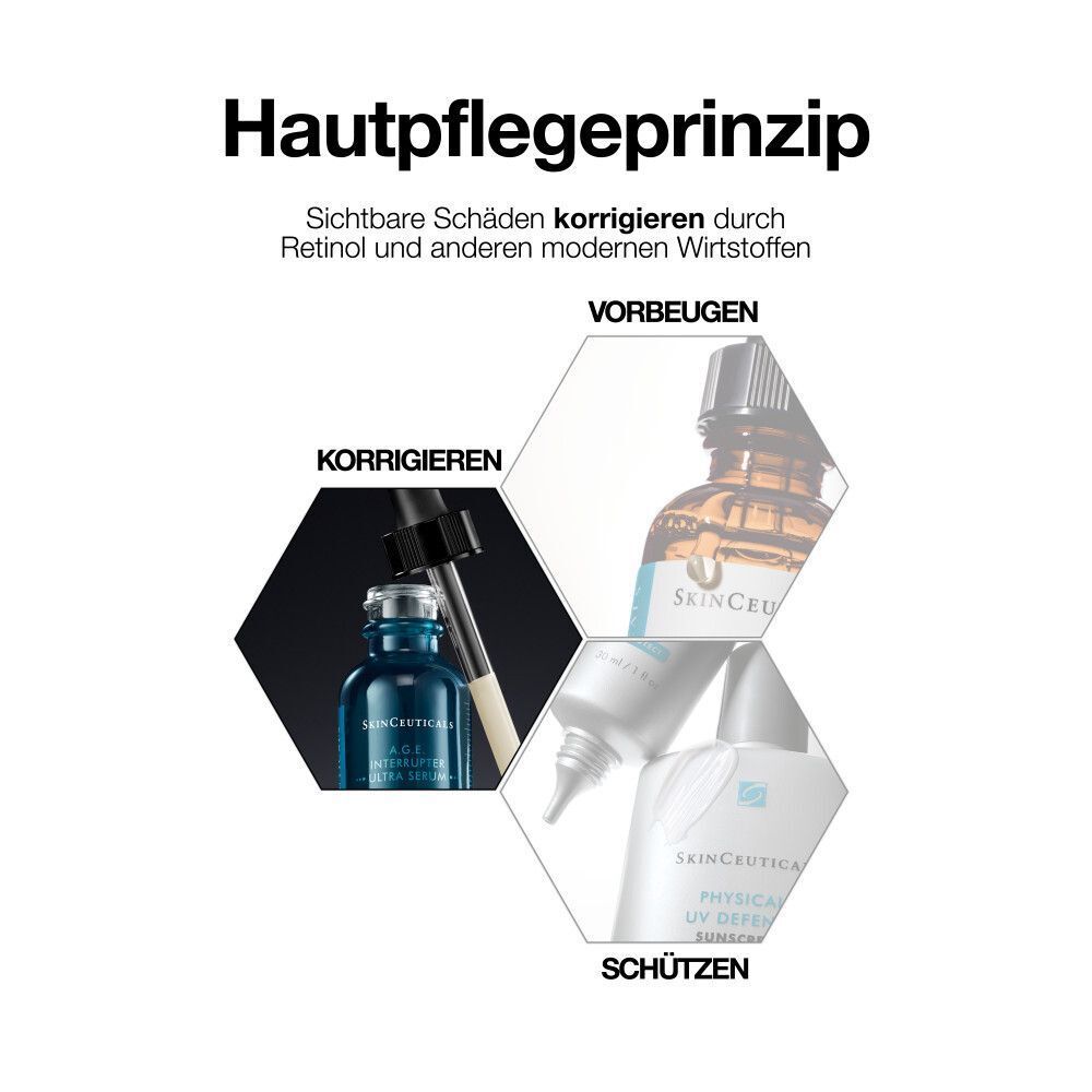 Hautpflegeprinzip: Vorbeugen, Korrigieren, Schützen. Produkte von SKINCEUTICALS.