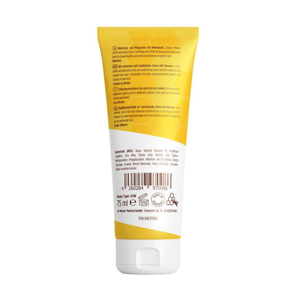 Rückseite einer Tube LINDESA Klassik Hand- und Hautschutzcreme. Gelb-weiße Tube. Text in mehreren Sprachen. Inhaltsstoffe und Chargennummer.