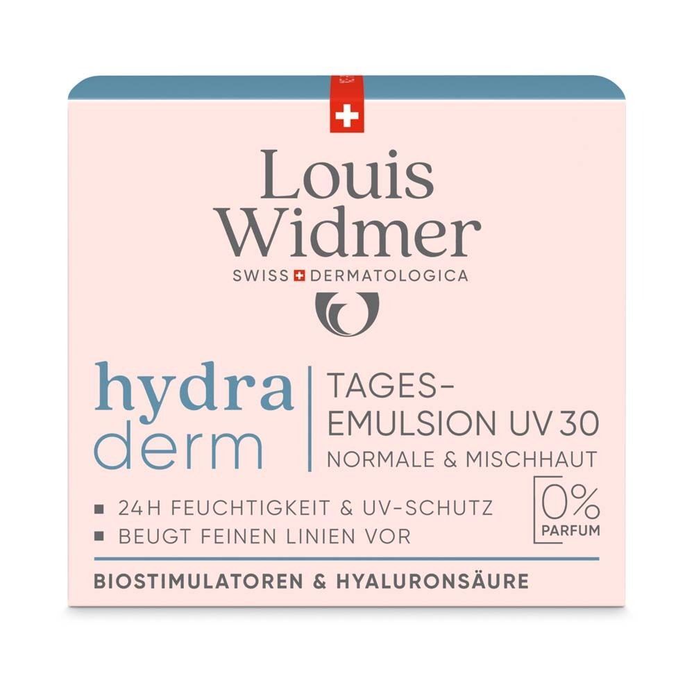 Produktverpackung WIDMER hydraderm Tagesemulsion UV 30. Rosa-weißer Hintergrund. Aufschrift: hydra derm, Tagesemulsion UV 30, 0% Parfum.
