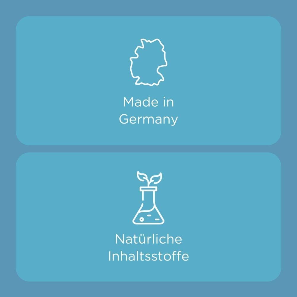 Blauer Hintergrund mit zwei Symbolen: Deutschlandkarte und Reagenzglas mit Blättern. Text: Made in Germany, Natürliche Inhaltsstoffe.