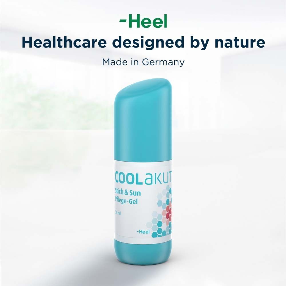Blaue Flasche COOLAKUT Stich & Sun Pflege-Gel. Text: -Heel Healthcare designed by nature Made in Germany.