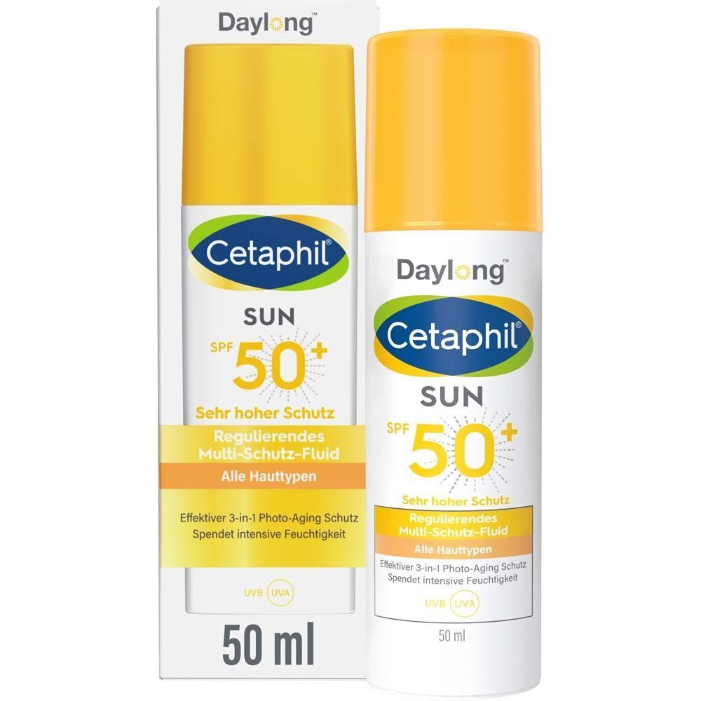 CETAPHIL Sun Daylong SPF 50+ Fluid und Verpackung. Weiße Verpackung mit gelben, blauen und grünen Elementen. 50 ml.