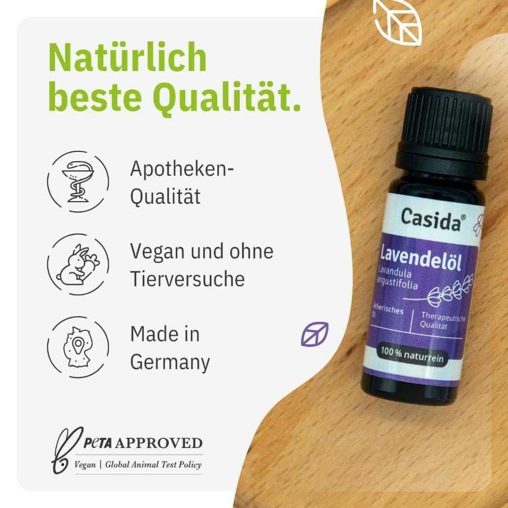 Lavendelöl-Flasche auf Holz. Aufschrift: Casida, Lavendelöl, 100% naturrein. Links: Apotheken-Qualität, vegan, Made in Germany.