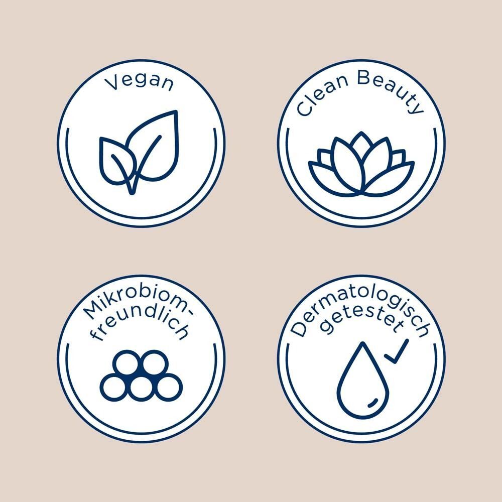 Kreisförmige Logos. Vegan, Clean Beauty, Mikrobiomfreundlich, Dermatologisch getestet.