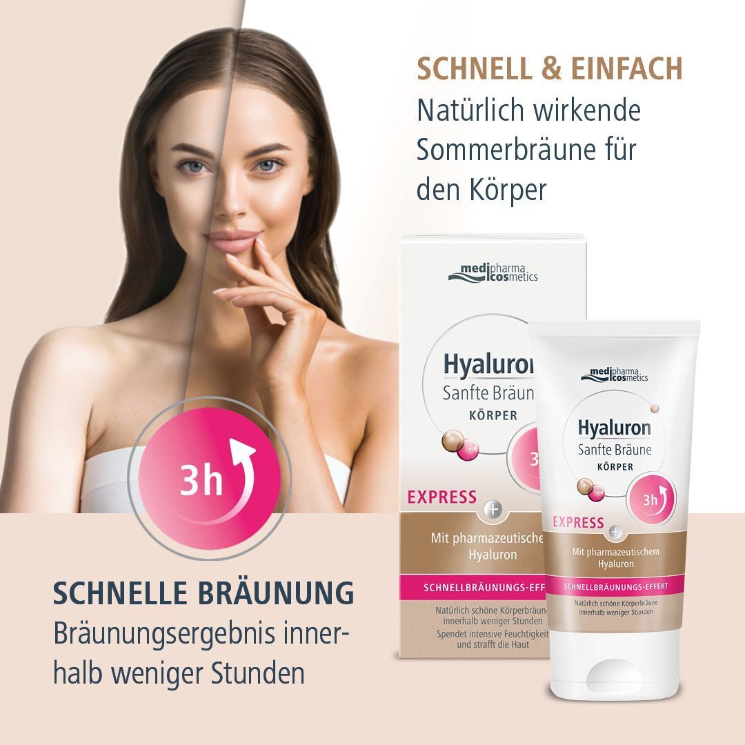 Frau mit gebräunter Haut. Produkt und Verpackung. Aufschrift: Hyaluron Sanfte Bräune Körper Express. Schnelle Bräunung.