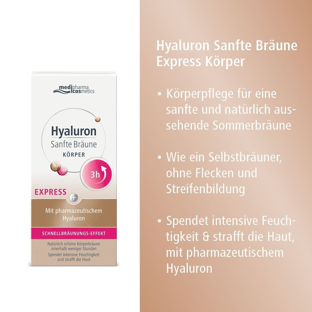 Produktinformationen. Aufschrift: Hyaluron Sanfte Bräune Express Körper. Körperpflege für natürliche Sommerbräune.