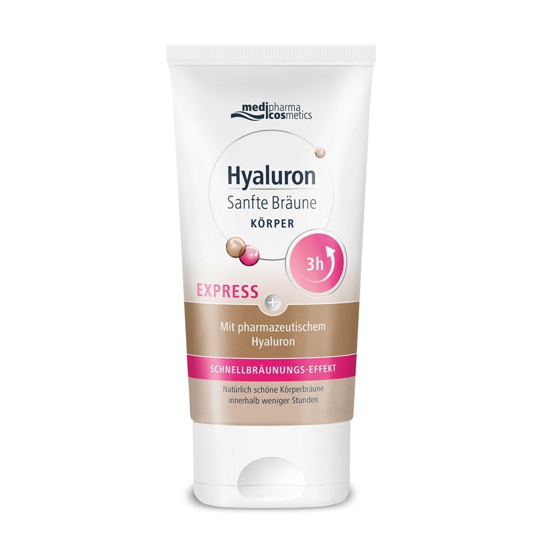 Tube. Aufschrift: Hyaluron Sanfte Bräune Körper Express. Mit pharmazeutischem Hyaluron. Schnelle Bräunung.
