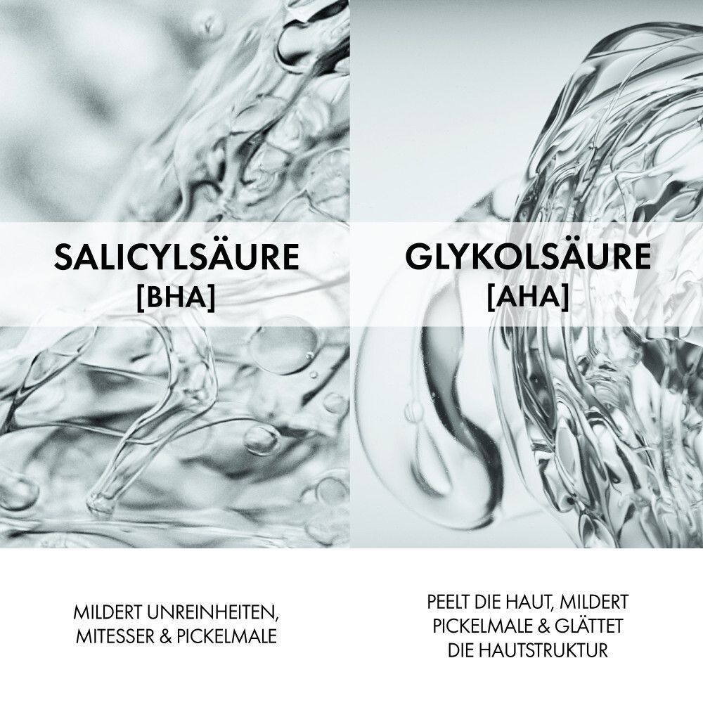 Zwei Bereiche mit Text: Salicylsäure [BHA] und Glykolsäure [AHA]. Text: Mildert Unreinheiten, Mitesser & Pickelmale. Peelt die Haut.