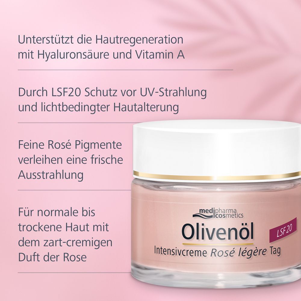 Tiegel Olivenöl Intensivcreme Rosé légère Tag. Rosa Creme, weißer Deckel, goldfarbenes Etikett mit Text. Textabschnitte.