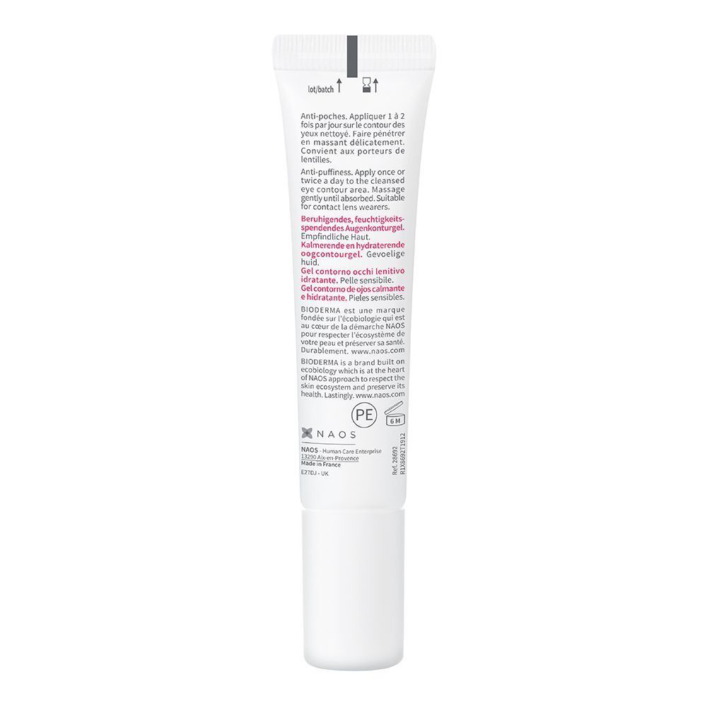 Rückseite einer Tube BIODERMA Sensibio Eye. Weiß mit Text in mehreren Sprachen. Enthält Anweisungen und Inhaltsstoffe.