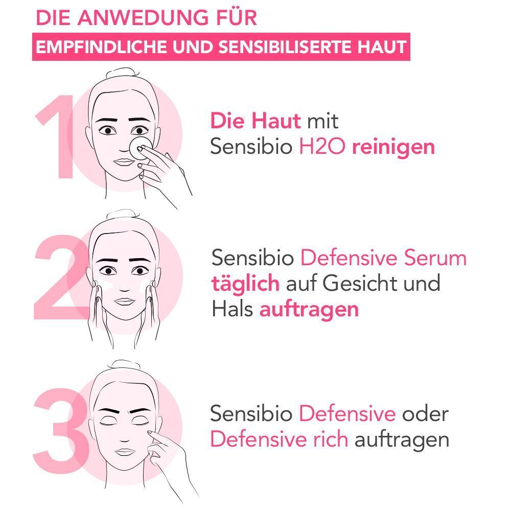 Anleitung zur Anwendung von Sensibio Defensive Serum. Drei Schritte mit Illustrationen und Text in deutscher Sprache.