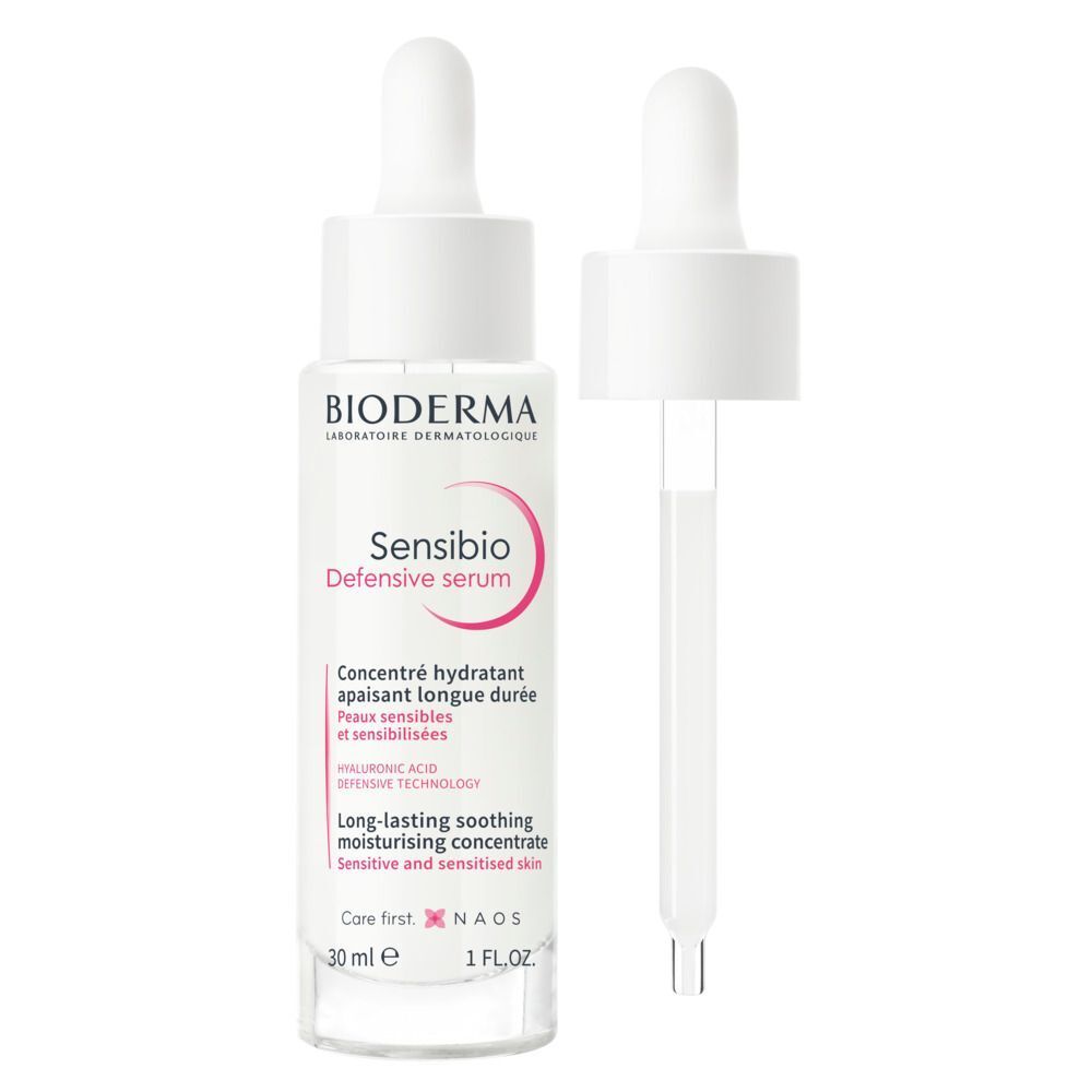 BIODERMA Sensibio Defensive Serum Flasche mit Pipette. Weiße Flasche mit rosa Etikett. Pipette daneben.