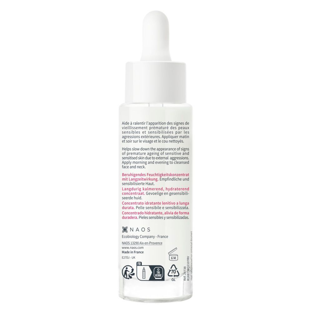 Rückseite der BIODERMA Sensibio Defensive Serum Flasche. Text in mehreren Sprachen. Logos und Symbole.