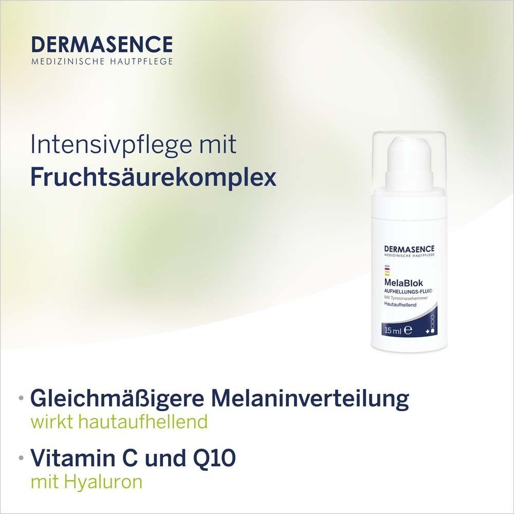 Weiße Flasche mit Pumpkopf. Aufschrift: DERMASENCE MelaBlok, 15 ml. Text: Intensivpflege mit Fruchtsäurekomplex.