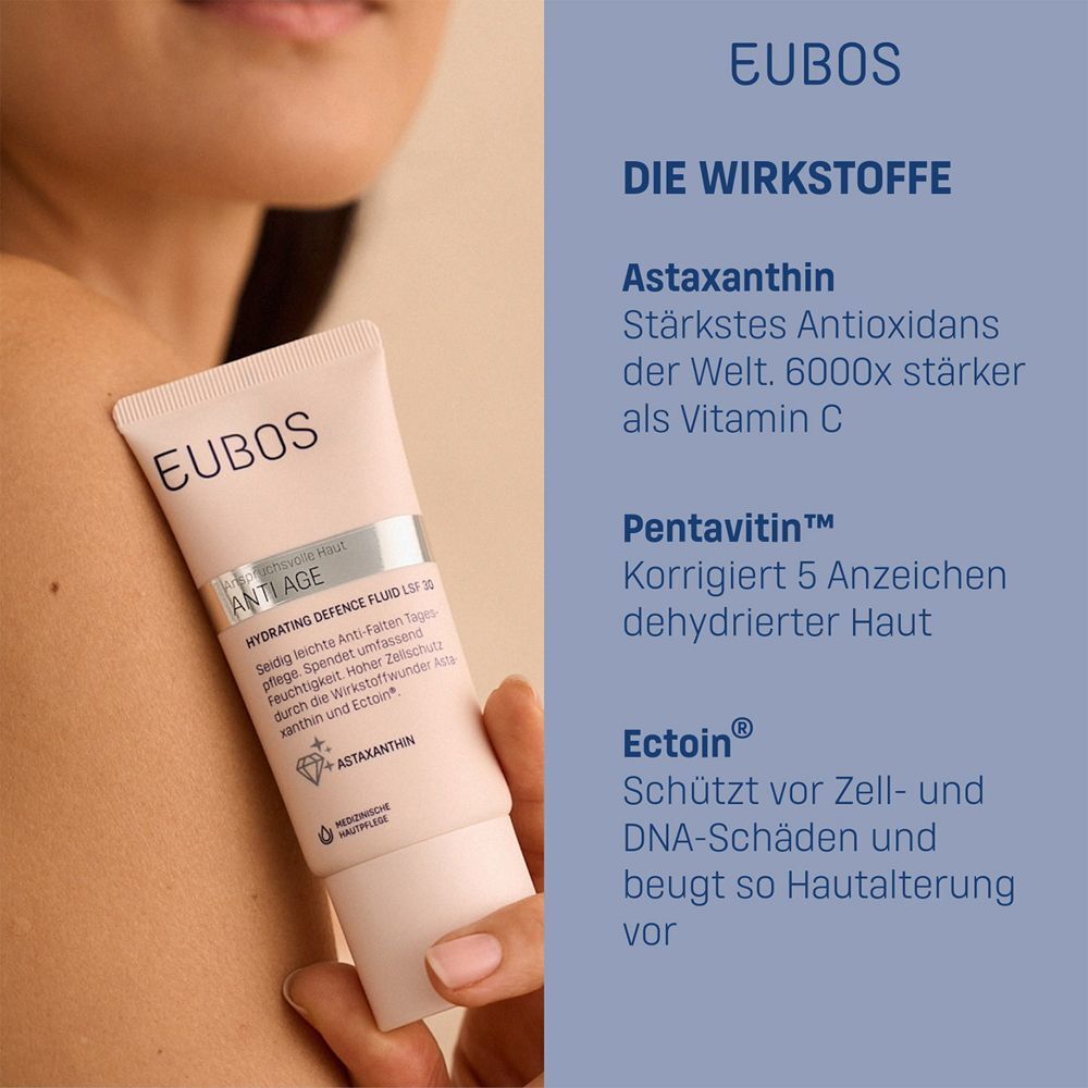 EUBOS ANTI-AGE Hydrating Defence Fluid LSF 30 Tube. Text: Wirkstoffe: Astaxanthin, Pentavitin, Ectoin.