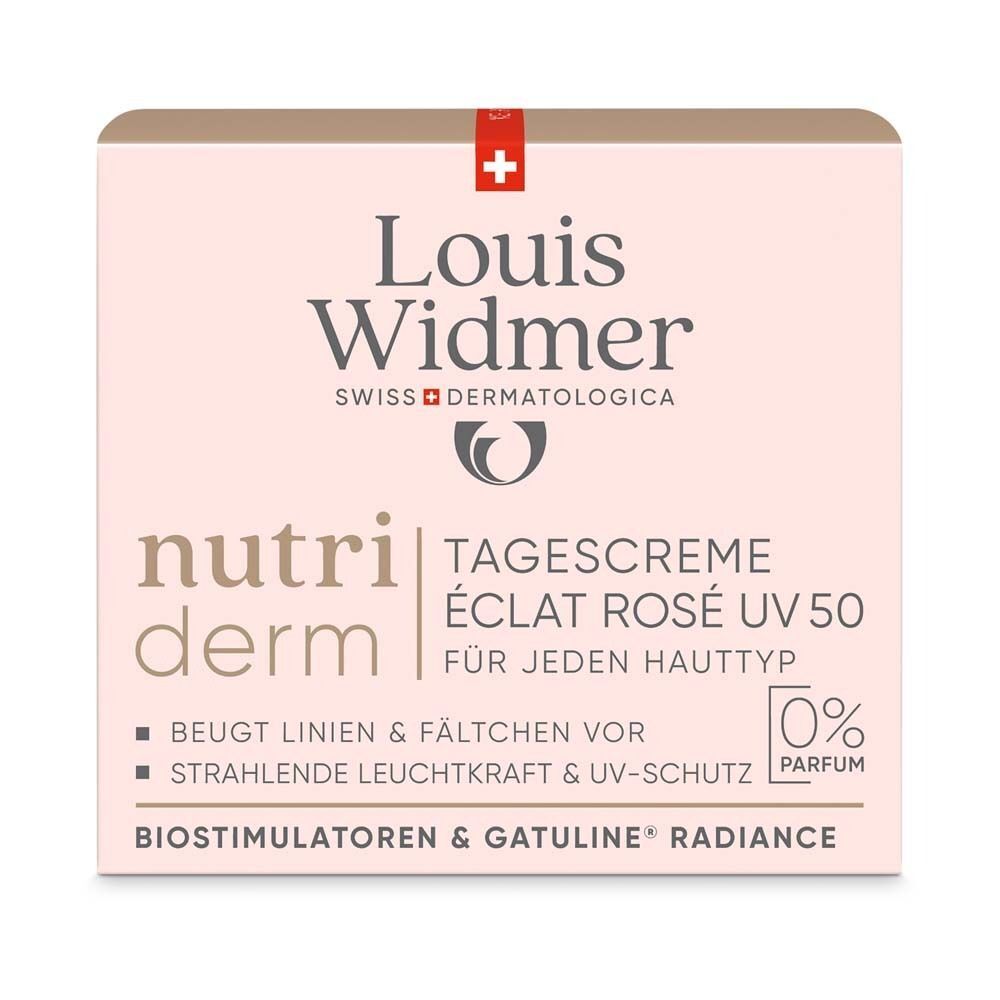 Verpackung der Tagescreme. Aufschrift: Louis Widmer, nutriderm, Tagescreme Eclat Rose UV 50. Schweizer Kreuz.
