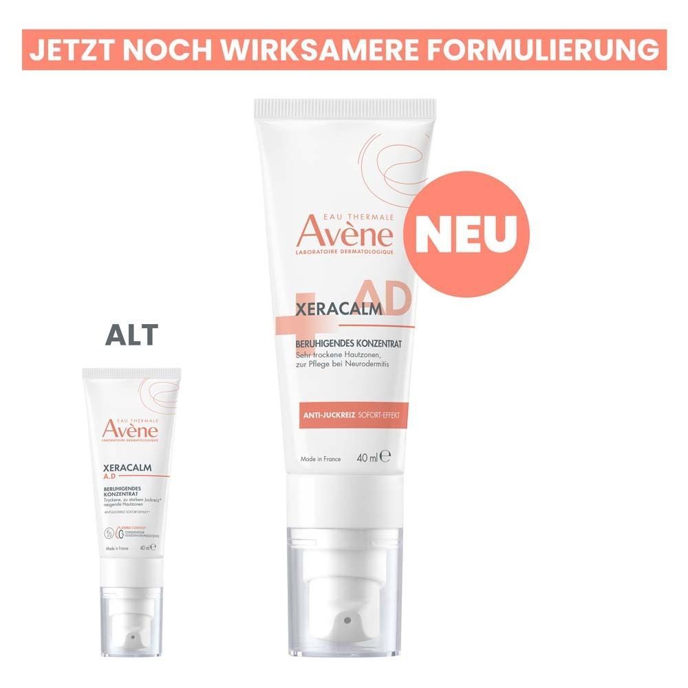 Vergleich: Alte und neue Formulierung von AVENE XeraCalm A.D. Anti-Juckreiz Konzentrat. Größere Tube mit 'NEU'.