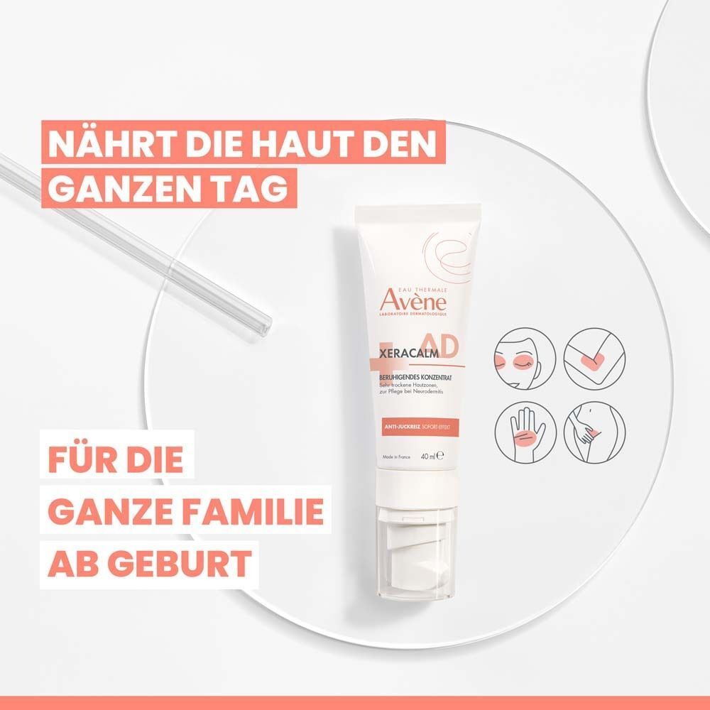 AVENE XeraCalm A.D Anti-Juckreiz Konzentrat. Text: Für die ganze Familie ab Geburt. Icons: Augen, Arm, Hand, Bein.