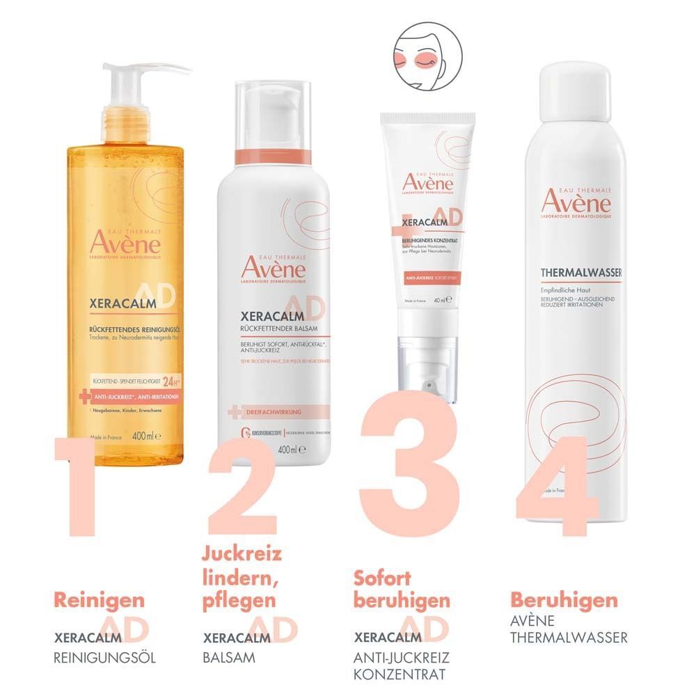 AVENE XeraCalm A.D Produkte: Reinigungsöl, Balsam, Anti-Juckreiz Konzentrat, Thermalwasser. Nummeriert.