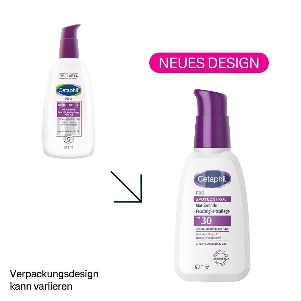 Vergleich von Verpackungsdesigns. Links: altes Design. Rechts: neues Design. Flasche mit lila Deckel, Text: CETAPHIL Pro.
