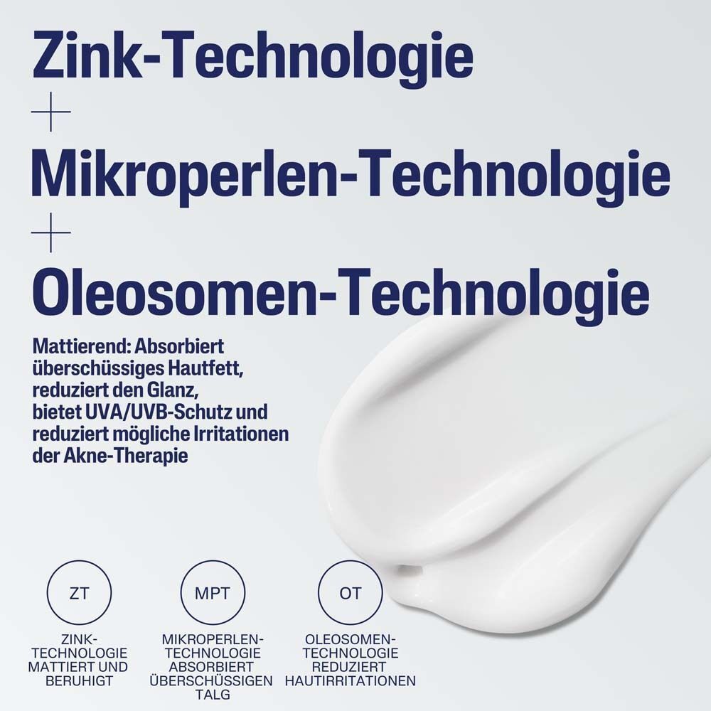 Text-Grafik mit drei Technologien: Zink-, Mikroperlen- und Oleosomen-Technologie. Text beschreibt die Funktionen.