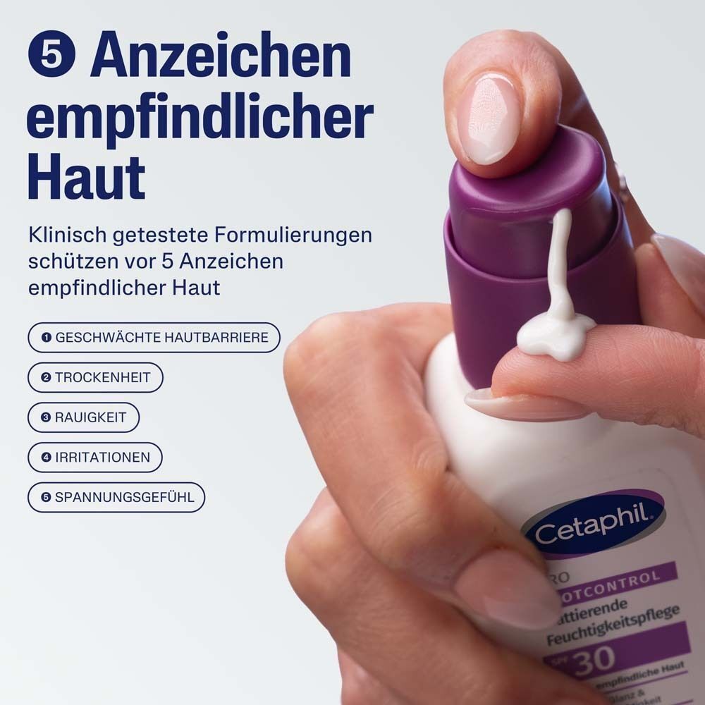 Hand mit Flasche CETAPHIL Pro Spotcontrol. Creme wird herausgedrückt. Text: 5 Anzeichen empfindlicher Haut.