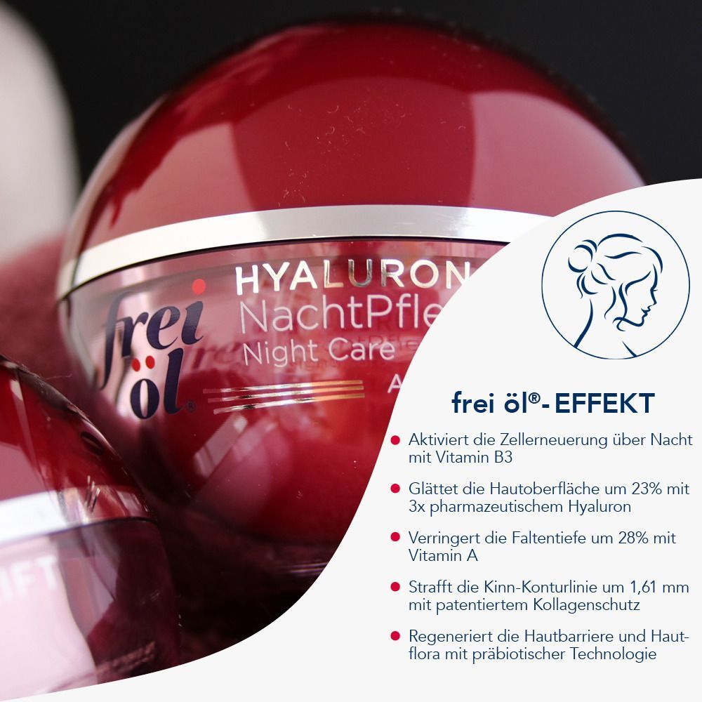 Roter Tiegel FREI ÖL Anti-Age Hyaluron Lift NachtPflege. Aufschrift: Hyaluron NachtPflege. Text: 3x Hyaluron. Aufzählung: Aktiviert die Zellerneuerung.