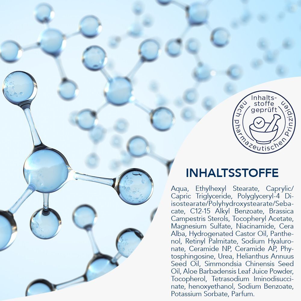 Molekülstruktur-Grafik. Text: Inhaltsstoffe geprüft. Auflistung der Inhaltsstoffe: Aqua, Ethylhexyl Stearate, Caprylic/Capric Triglyceride, etc.
