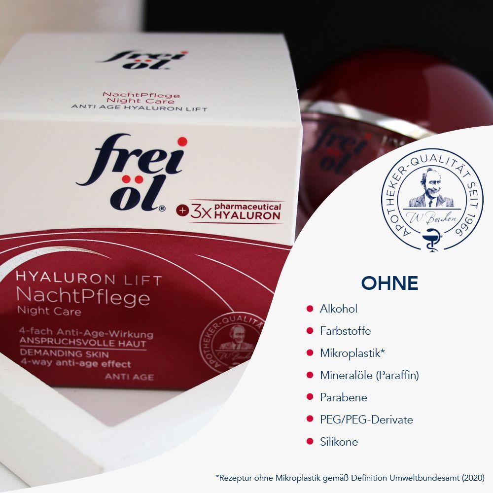 Schachtel FREI ÖL Anti-Age Hyaluron Lift NachtPflege. Text: 3x Hyaluron. Aufzählung: Ohne Alkohol, Farbstoffe, Mikroplastik, Mineralöle, Parabene, etc.
