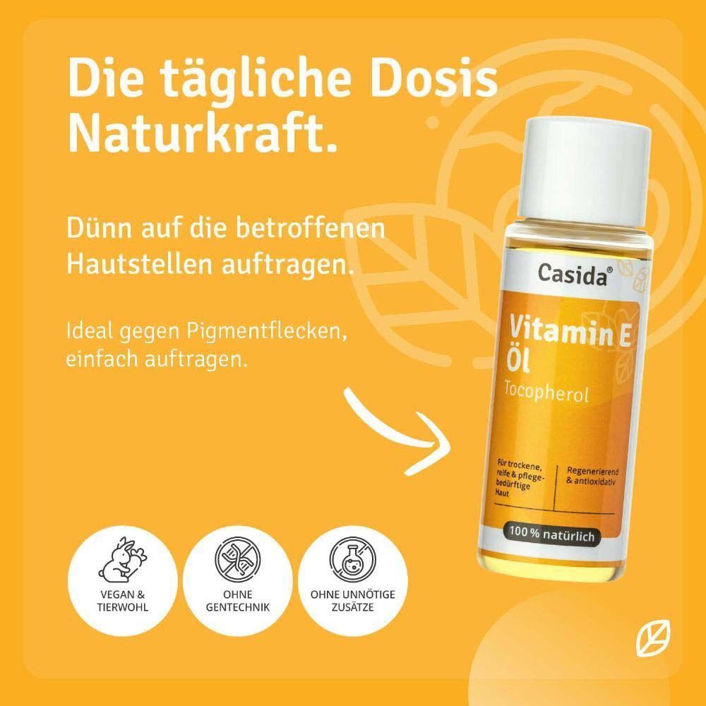 Eine Flasche Vitamin E Öl. Aufschrift: Casida, Vitamin E Öl, Tocopherol, 100% natürlich. Text: Die tägliche Dosis Naturkraft. Vegan & tierwohl.
