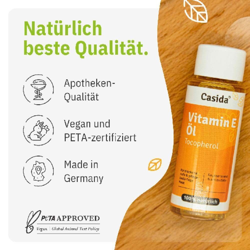 Eine Flasche Vitamin E Öl. Aufschrift: Casida, Vitamin E Öl, Tocopherol, 100% natürlich. Text: Natürlich beste Qualität. Apotheken-Qualität, Vegan und PETA-zertifiziert.