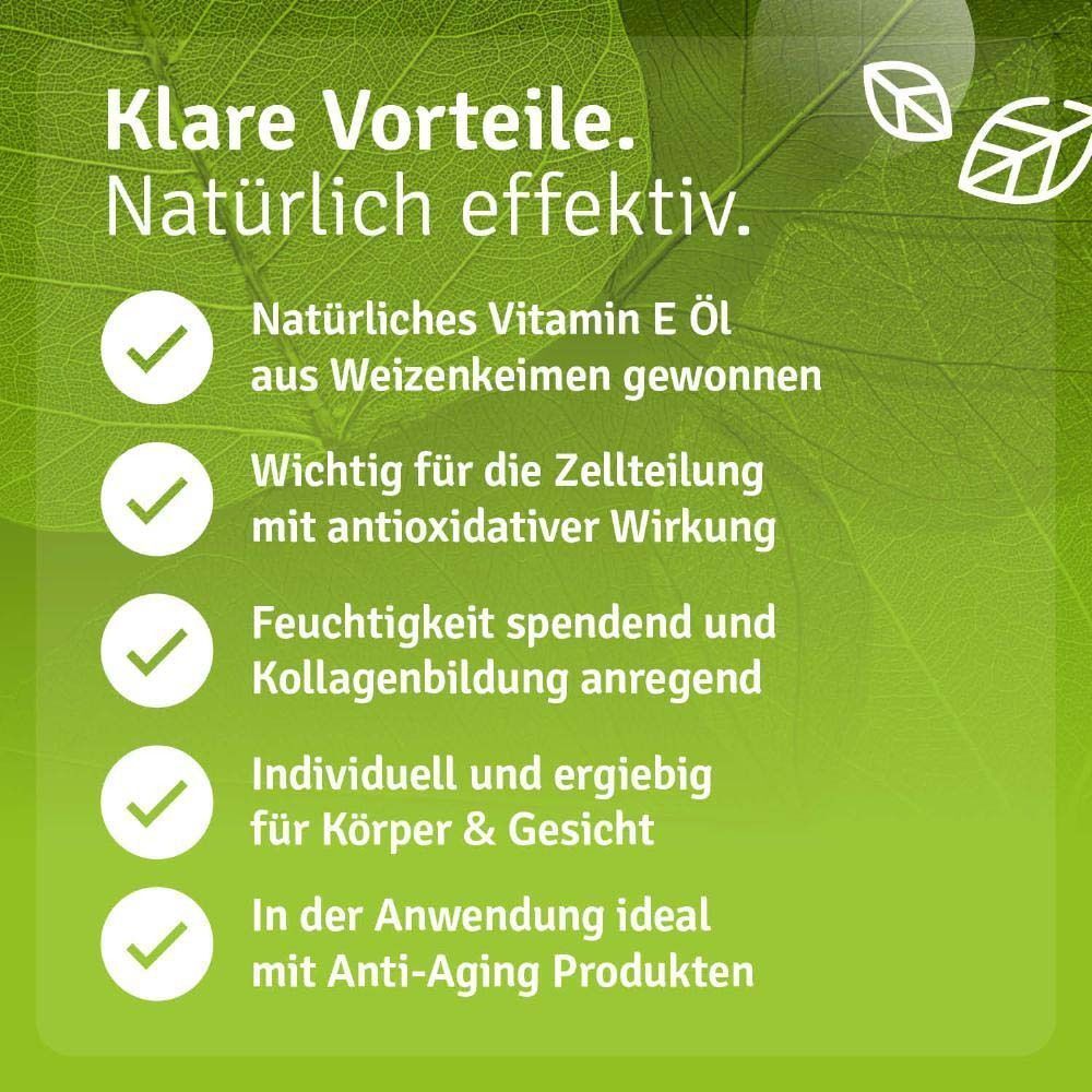 Text: Klare Vorteile. Natürliche Wirkung. Natürliches Vitamin E Öl aus Weizenkeimen gewonnen. Wichtig für die Zellteilung mit antioxidativer Wirkung.