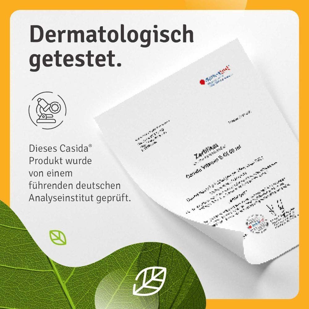 Text: Dermatologisch getestet. Zertifikat von einem deutschen Analyseinstitut. Dieses Casida Produkt wurde von einem führenden deutschen Analyseinstitut geprüft.