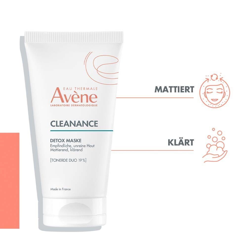 Avène Cleanance Detox-Maske Tube. Weiße Tube mit Logo und Produktnamen. Text: Mattiert, klärt. Illustrationen.