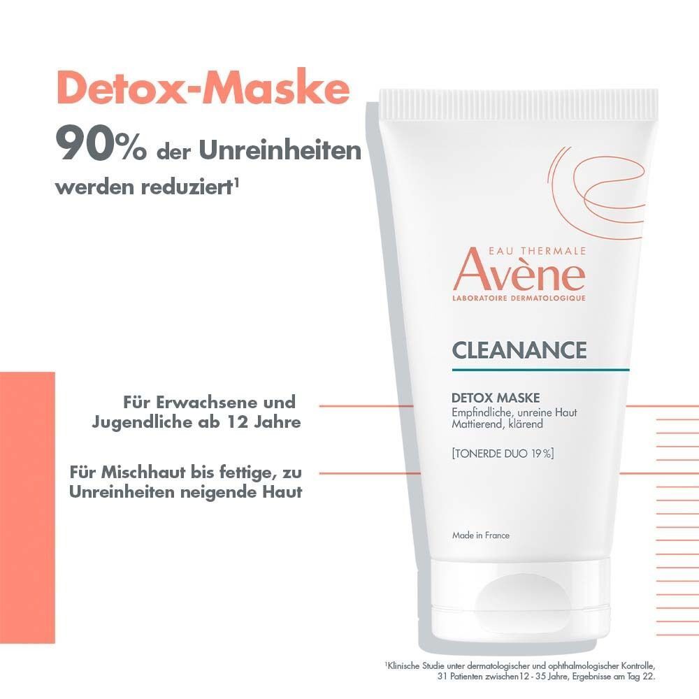Avène Cleanance Detox-Maske Tube. Weiße Tube mit Logo und Produktnamen. Text: Detox-Maske. 90% der Unreinheiten reduziert.