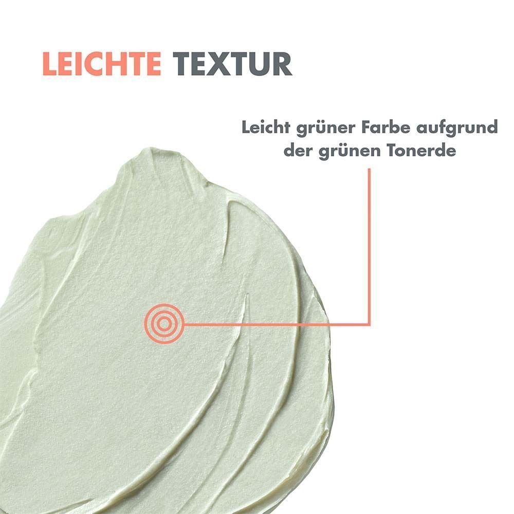 Nahaufnahme einer grünen Masken-Textur. Text: Leichte Textur. Leicht grüne Farbe aufgrund grüner Tonerden.