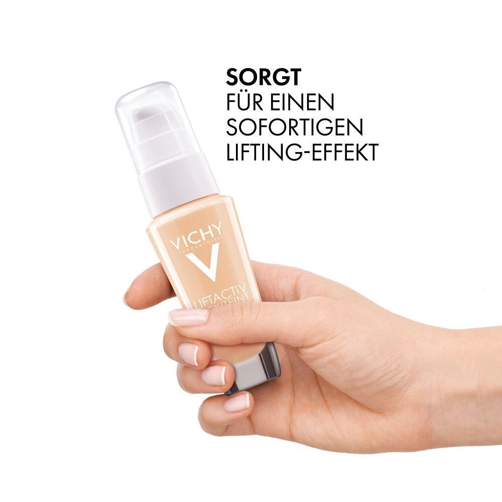 Eine Hand hält eine Flasche VICHY LIFTACTIV Flexilift Teint. Text: Sorgt für einen sofortigen Lifting-Effekt.