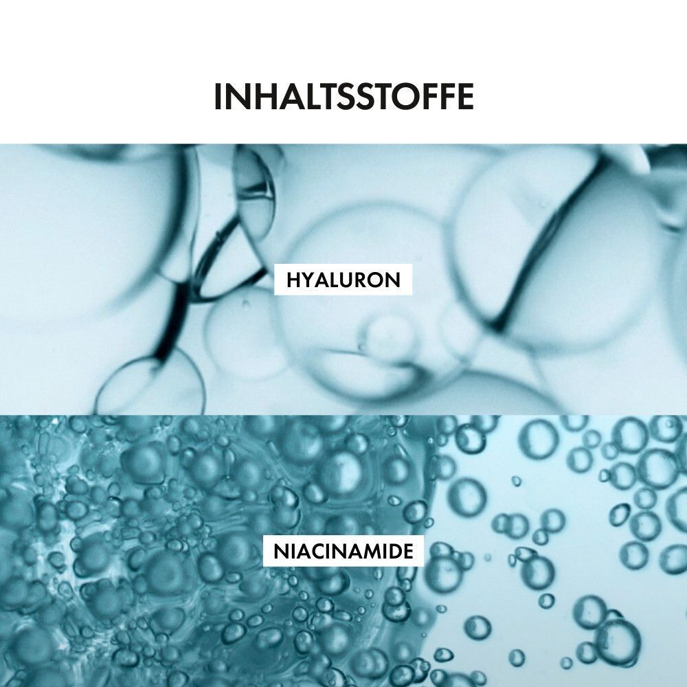 Nahaufnahme von Hyaluron und Niacinamid. Text: INHALTSSTOFFE.