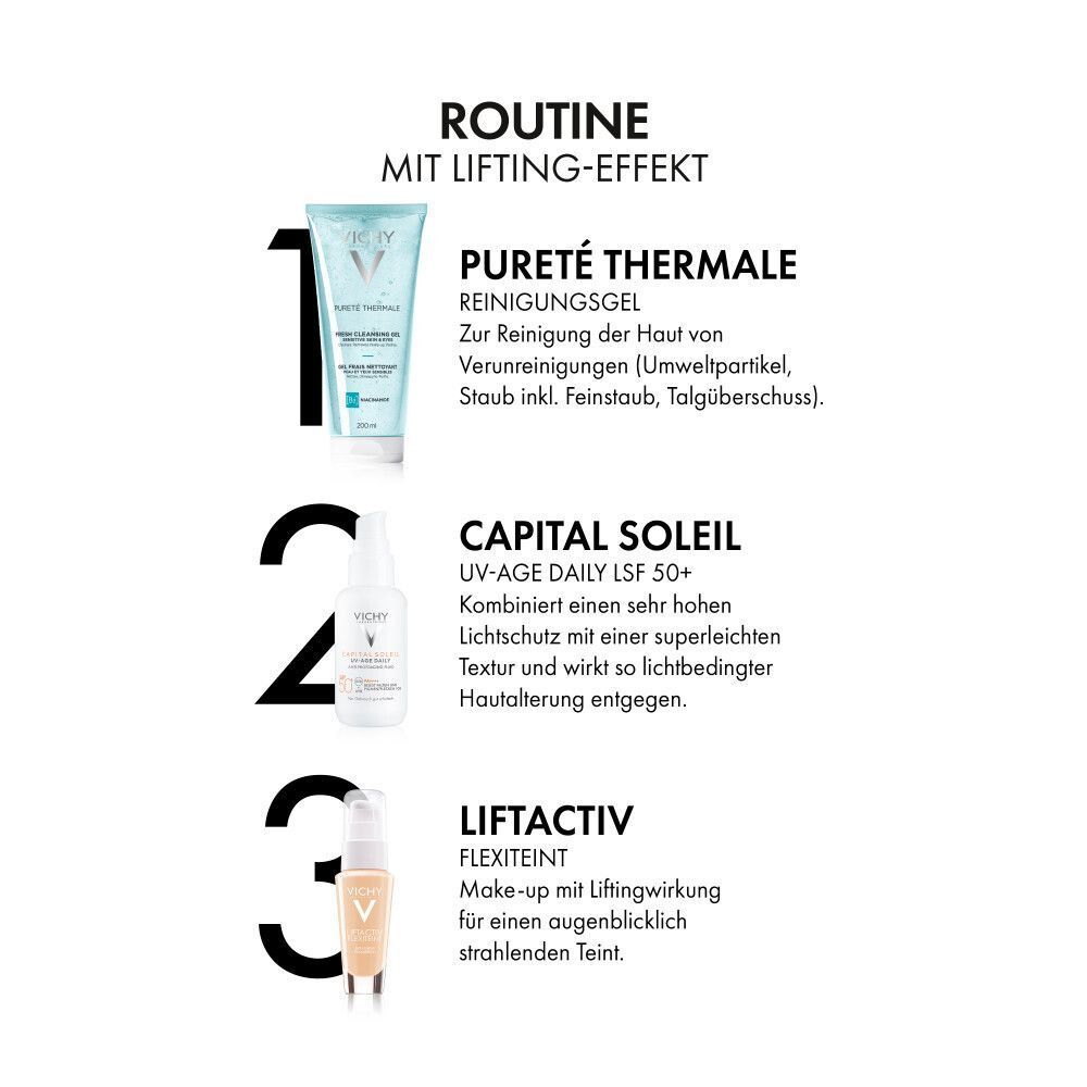 Drei Produkte: Reinigungsgel, UV-Age Daily LSF 50+ und LIFTACTIV Flexilift Teint. Text: ROUTINE MIT LIFTING-EFFEKT.