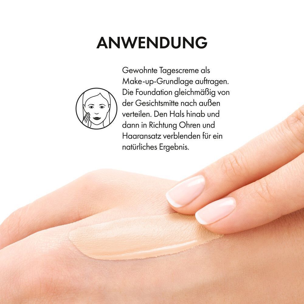 Hand mit Make-up-Grundlage. Text: ANWENDUNG. Illustration: Gesicht mit Make-up-Auftrag.