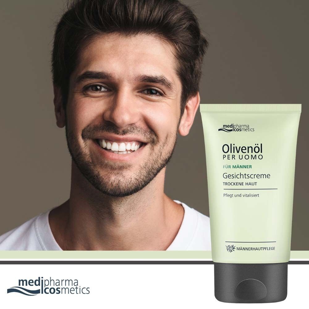 Ein Mann lächelt. Daneben eine Tube Olivenöl Per Uomo Gesichtscreme. Hellgrüne Tube mit schwarzem Deckel.