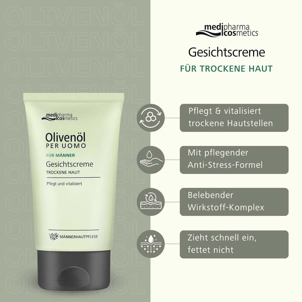 Eine Tube Olivenöl Per Uomo Gesichtscreme. Hellgrüne Tube mit schwarzem Deckel. Text und Icons auf hellem Hintergrund.