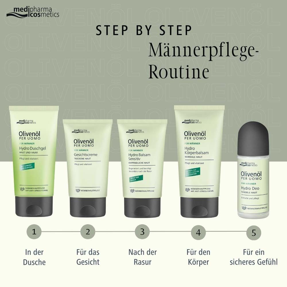 Fünf Produkte der Serie Olivenöl Per Uomo. Gezeigt in einer Schritt-für-Schritt-Routine. Tuben und ein Deodorant-Roller.