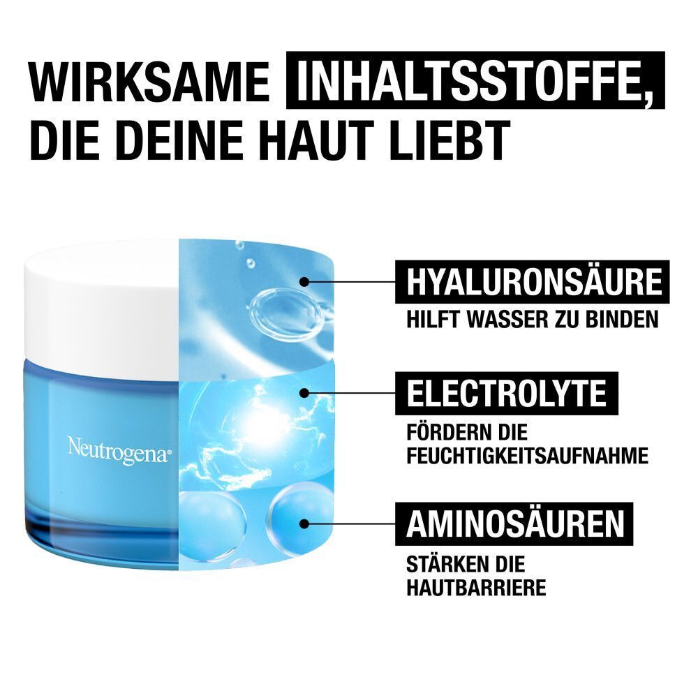 Produkt mit Inhaltsstoffen. Text: Hyaluronsäure, Elektrolyte, Aminosäuren. Neutrogena Logo.