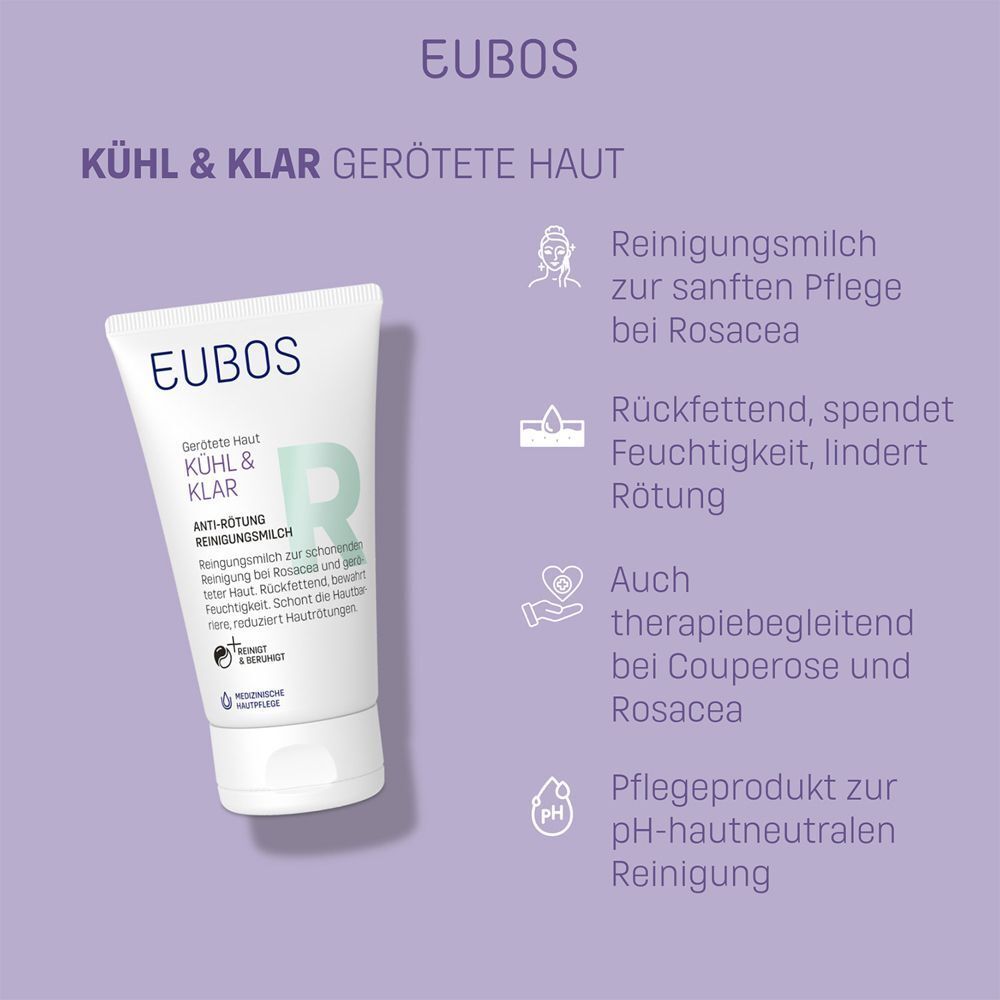 EUBOS KÜHL & KLAR Anti-Rötung Reinigungsmilch. Tube auf lila Hintergrund. Text: Reinigungsmilch bei Rosacea, rückfettend, pH-hautneutral.