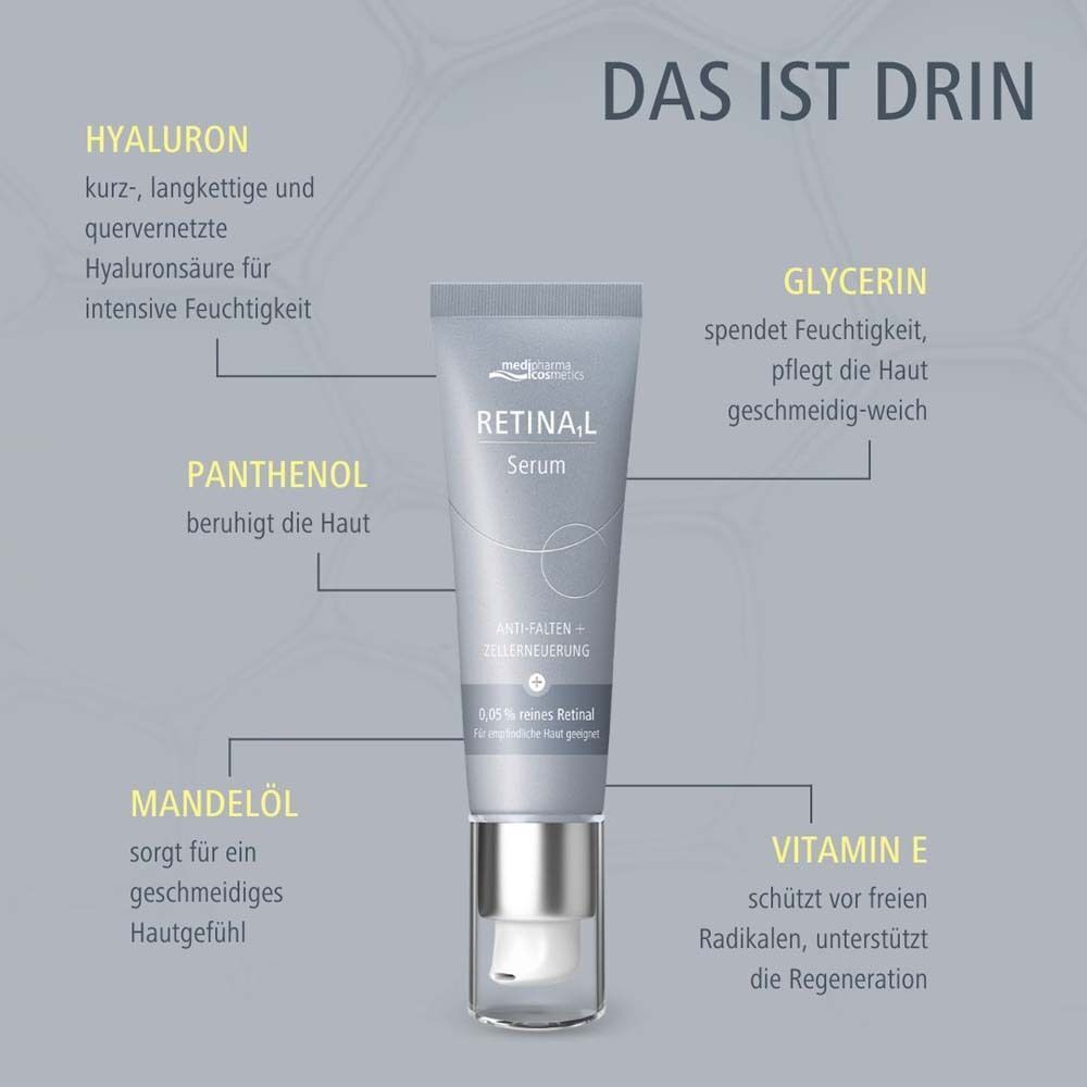 Tube MEDIPHARMA cosmetics Retinal Serum. Text: RETINA,L Serum. Grafische Elemente mit Text: Hyaluron, Glycerin, Panthenol, Mandelöl, Vitamin E.