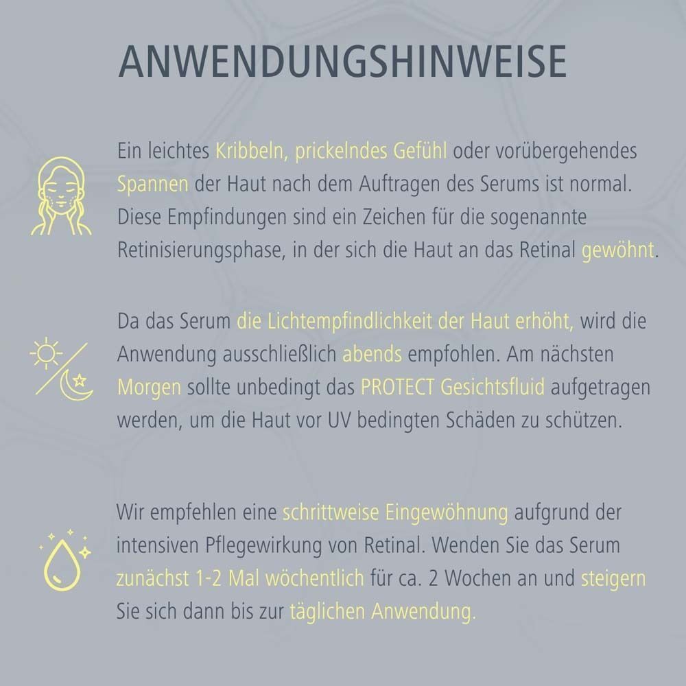 Text über Anwendungshinweise. Text: Kribbeln, abends auftragen, morgens PROTECT Gesichtslotion, schrittweise Eingewöhnung.