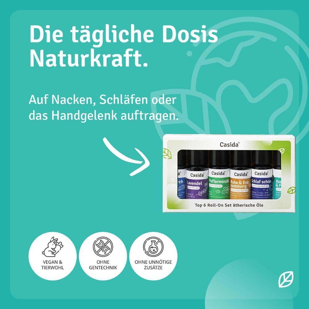 Produktverpackung mit sechs Roll-On-Flaschen. Text: "Vegan & Tierwohl", "Ohne Gentechnik", "Ohne unnötige Zusätze".
