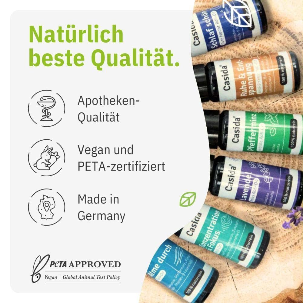 Sechs Roll-On-Flaschen auf Holz. Text: "Apotheken-Qualität", "Vegan und PETA-zertifiziert", "Made in Germany".